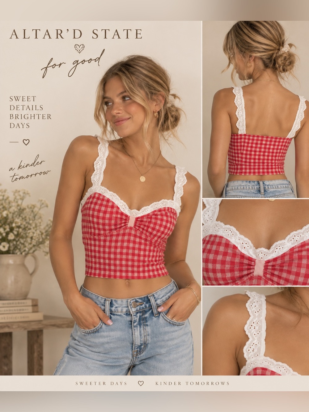 Altar'd State Red Gingham Lace-Trim Crop Cami Size XXS/XS NWT